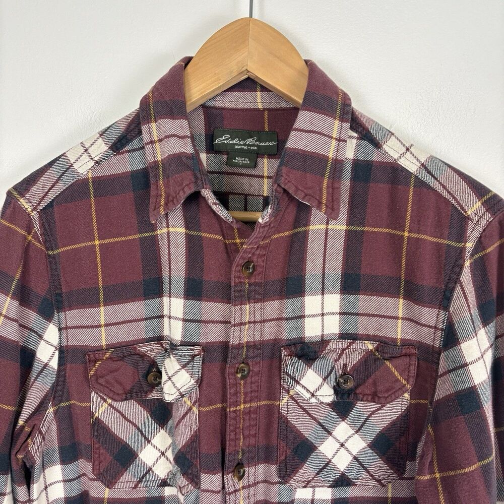 Eddie Bauer Mens Small Thick Cotton Plaid Button Up Shirt Burgundy White